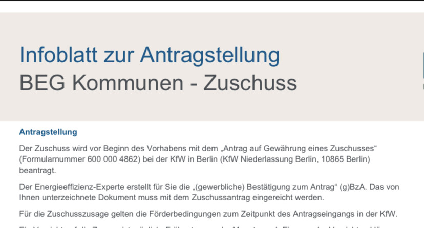 Infoblatt zur Antragstellung BEG Kommunen - Zuschuss, offizielles Formularblatt.
