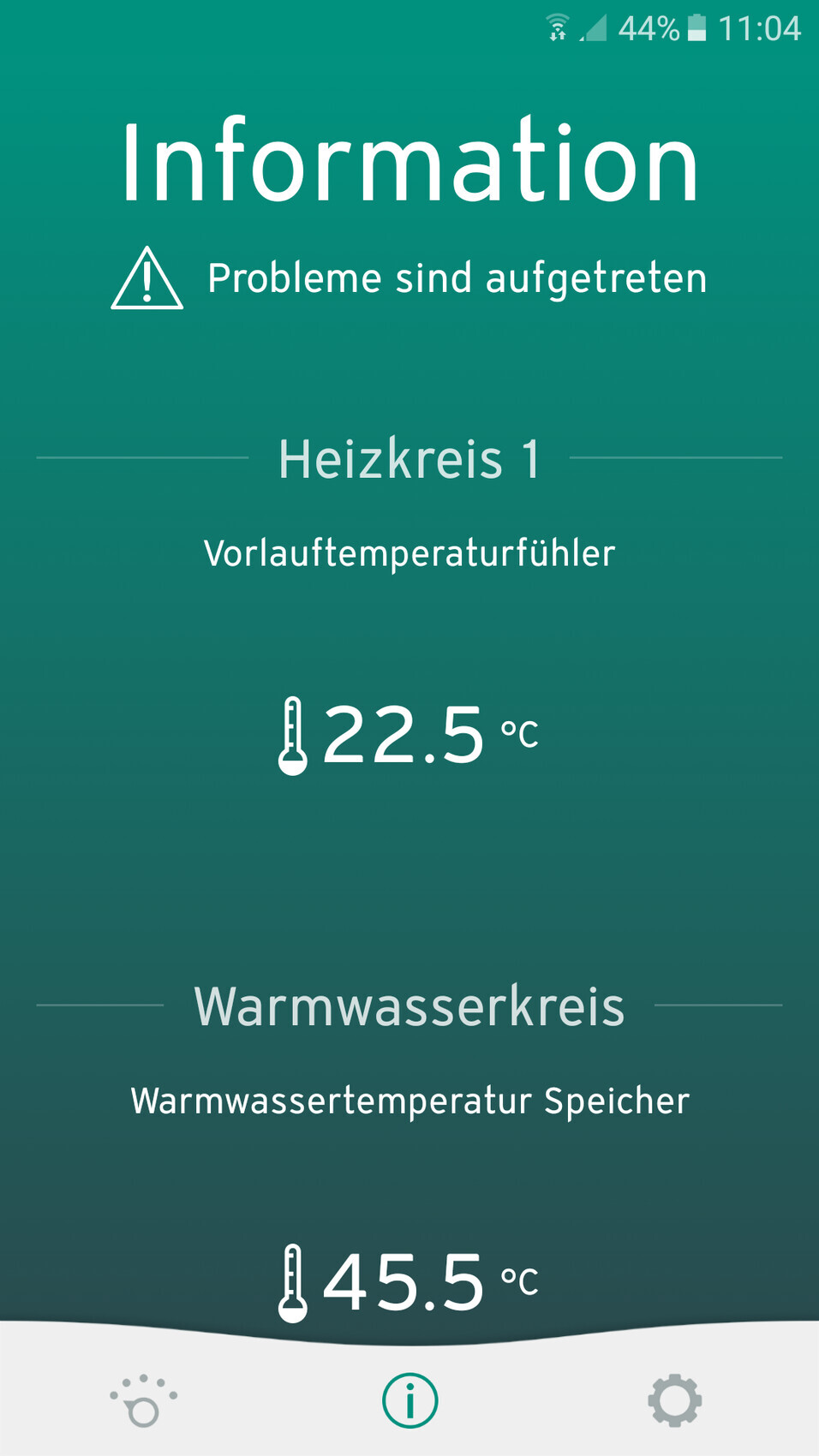 Information: Probleme sind aufgetreten; Heizkreis 1 Vorlauftemperatur 22.5°C, Warmwasserkreis 45.5°C