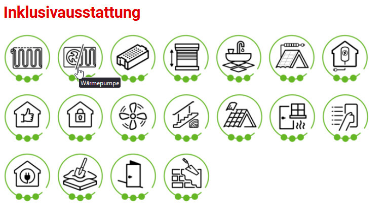 Grün umrahmte Icons zeigen Haustechnik und Energie wie Heizung, Wärmepumpe und Solaranlage