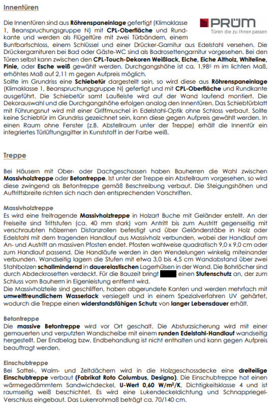Informationsseite zu Innentüren mit Röhrenspan-Einlage, PRÜM-Logo.