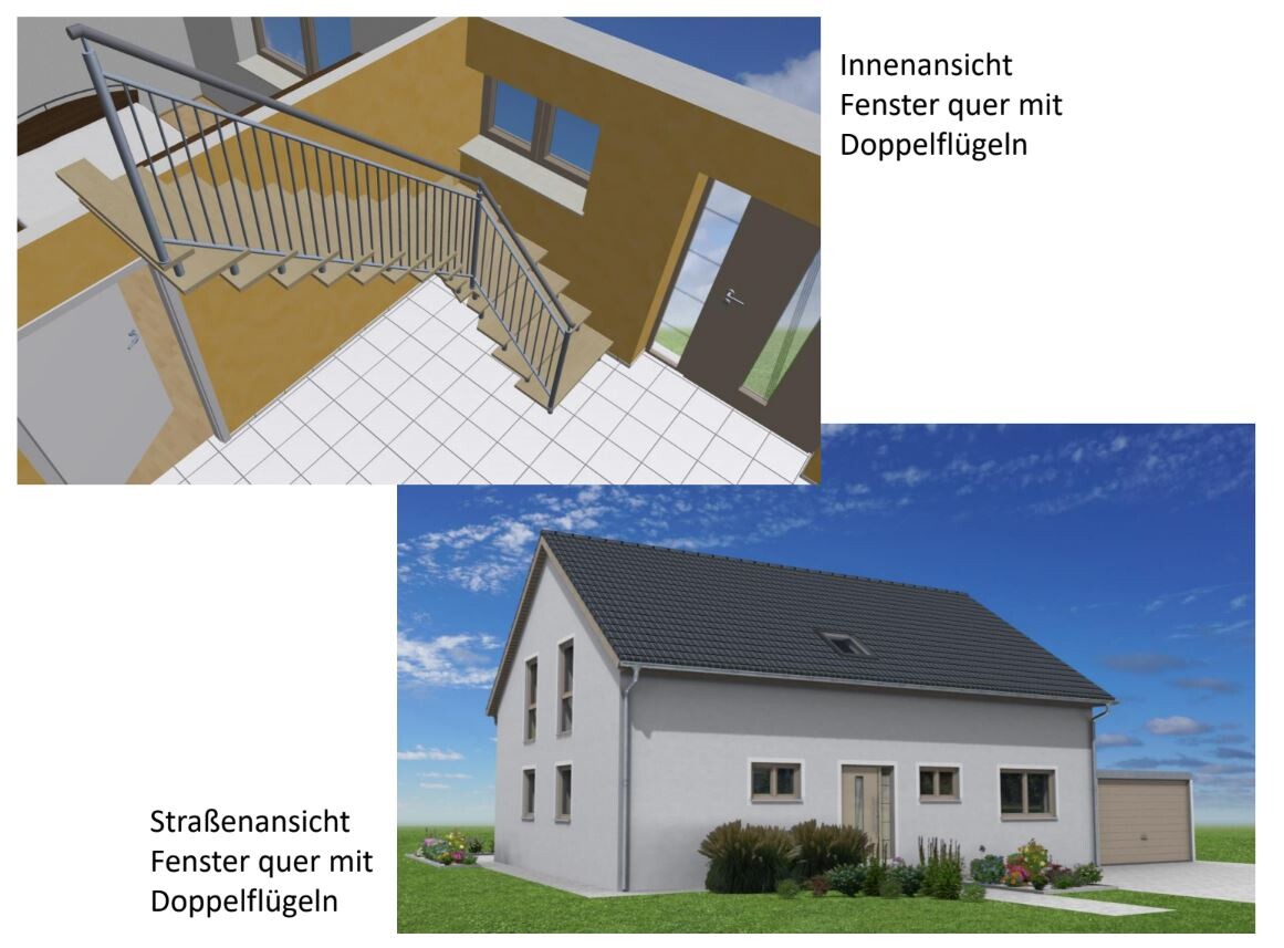 Innen- und Straßenansicht eines Hauses mit Treppenhaus und Fenstern mit Doppelflügeln.