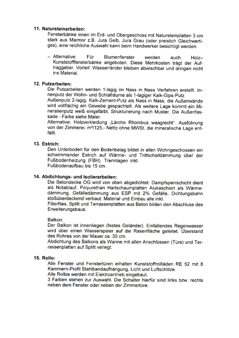 Dokumentseite mit Bauleistungen: Naturstein-, Putz-, Estrich-, Abdichtungs-, Balkon- und Rolloarbeiten.