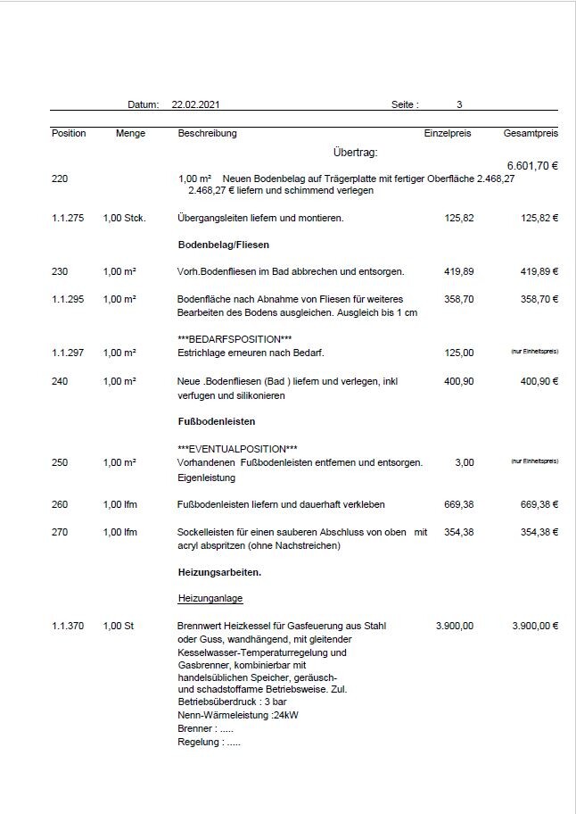 Kostenvoranschlag, Seite 3: Positionen, Mengen, Beschreibungen und Preise (22.02.2021).