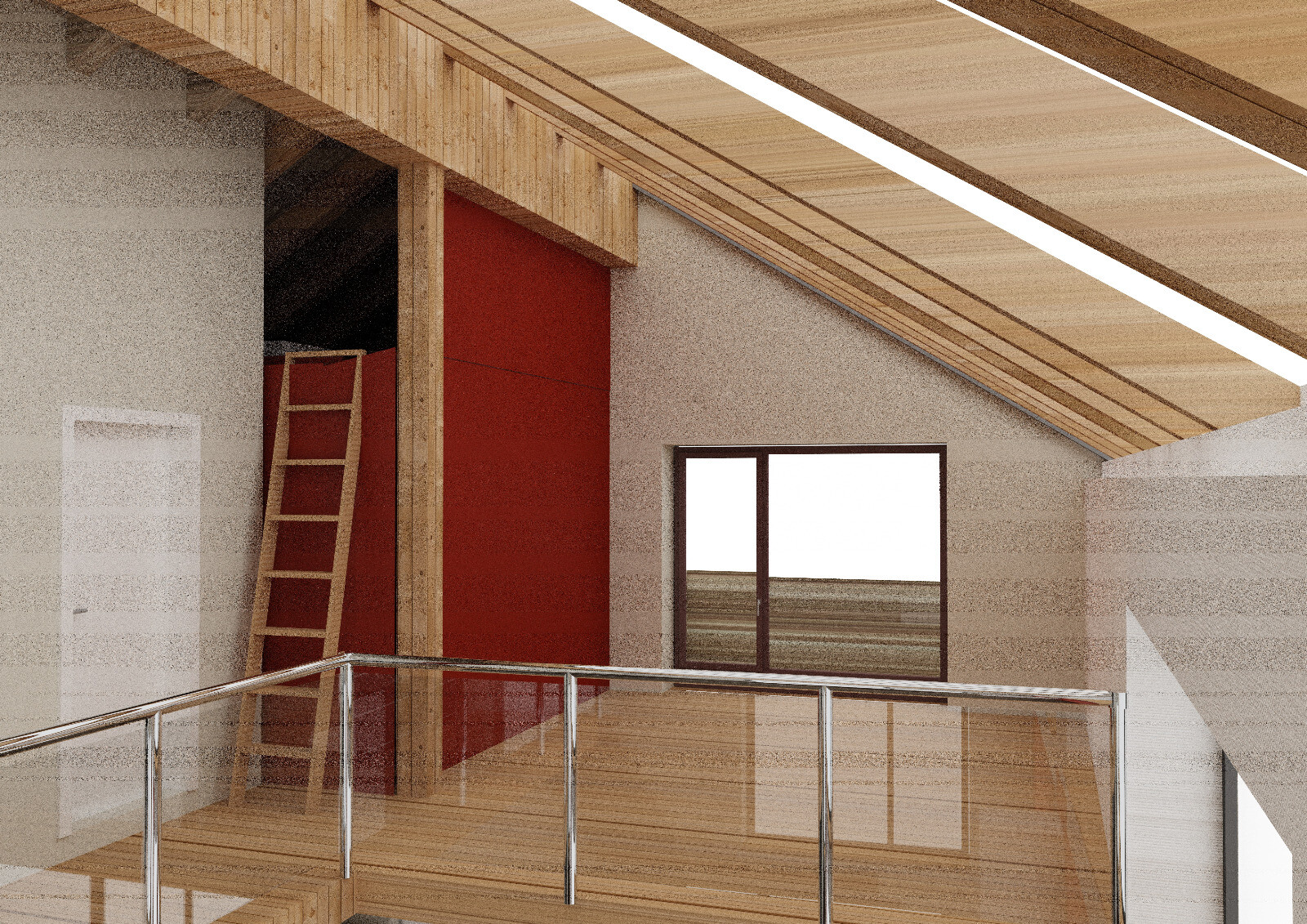 Loftartiger Innenraum mit Holzbalkendecke, roter Wand, Leiter, Glasgeländer und Fenster.