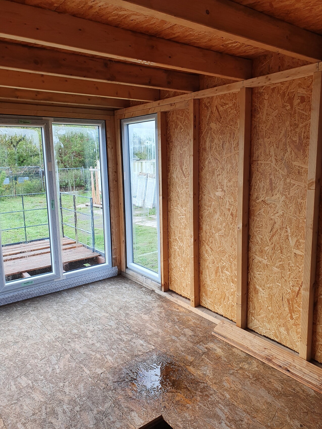 Innenraum eines Holzrohbaus: OSB-Wände, große Fenster, nasser Boden mit Pfütze.