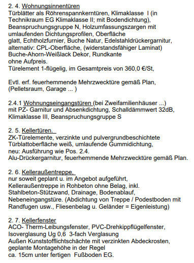 Detaillierte Baubeschreibung der Innenbauteile, Türen, Keller und Treppen in Listenform.