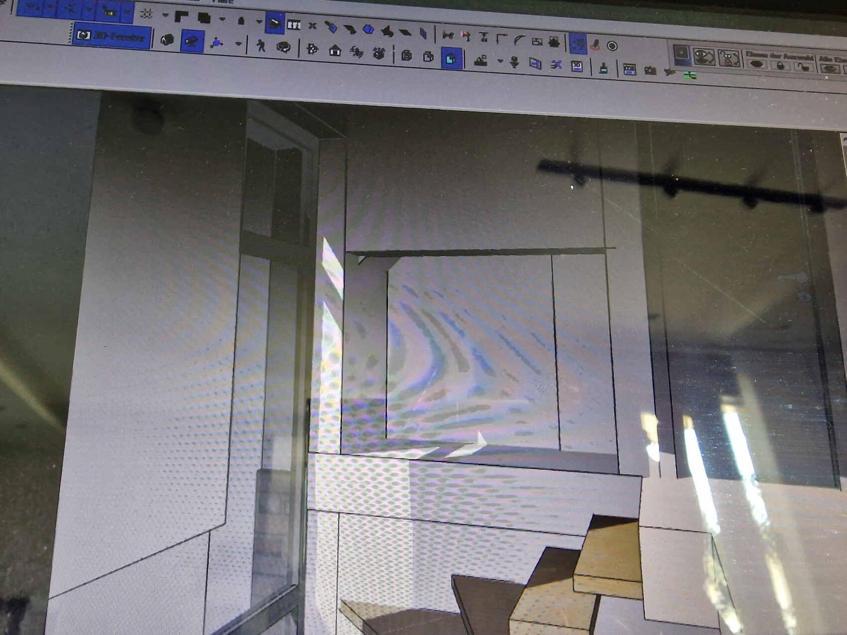 3D-Innenraum-Render mit Treppe, Schränken und Fenster, Innenausbau-Planung