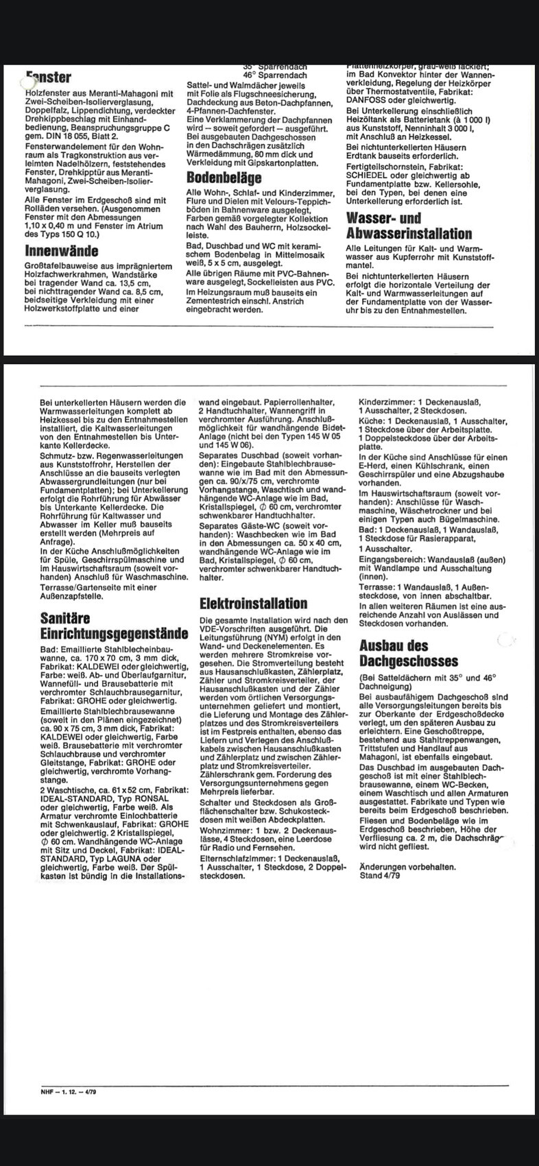 Schwarzweißes Bauhandbuch mit Abschnitten zu Innenausbau, Sanitär, Elektroinstallation und Dachgeschoss.