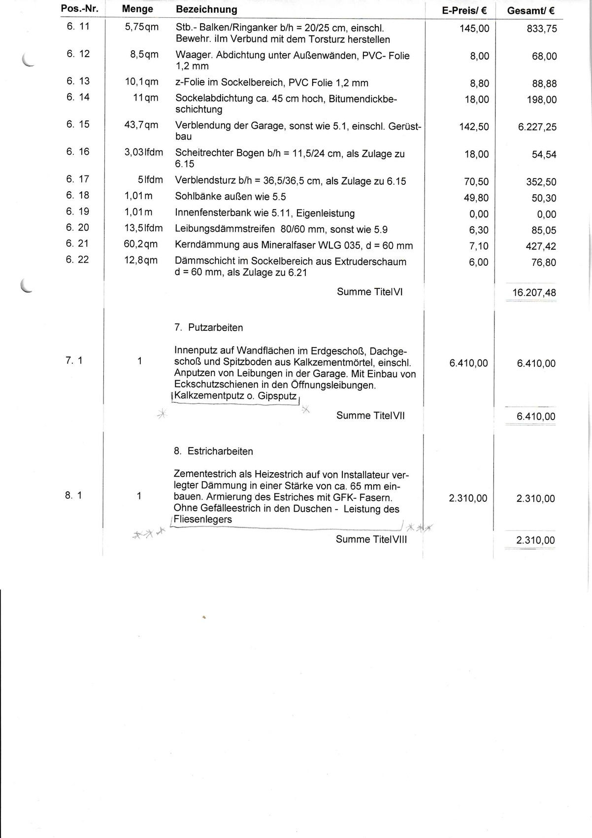 Kostenangebot Bauarbeiten: Positionen mit Mengen, Bezeichnungen und Preisen.