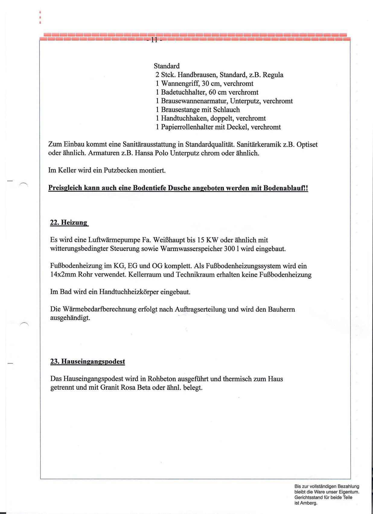 Scan einer Bauplan-Seite mit Text zu Heizung, Bad und Hauseingang
