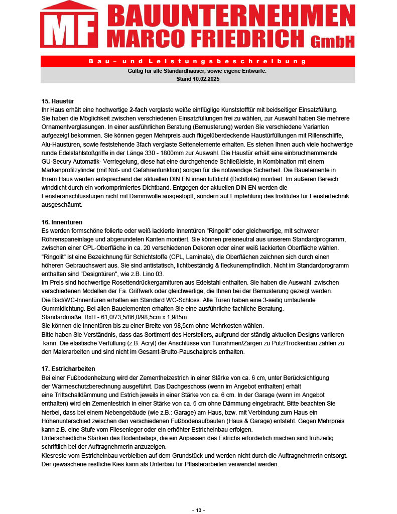 Bild einer Bauunternehmer-Broschüre mit Text zu Haustüren und Innentüren