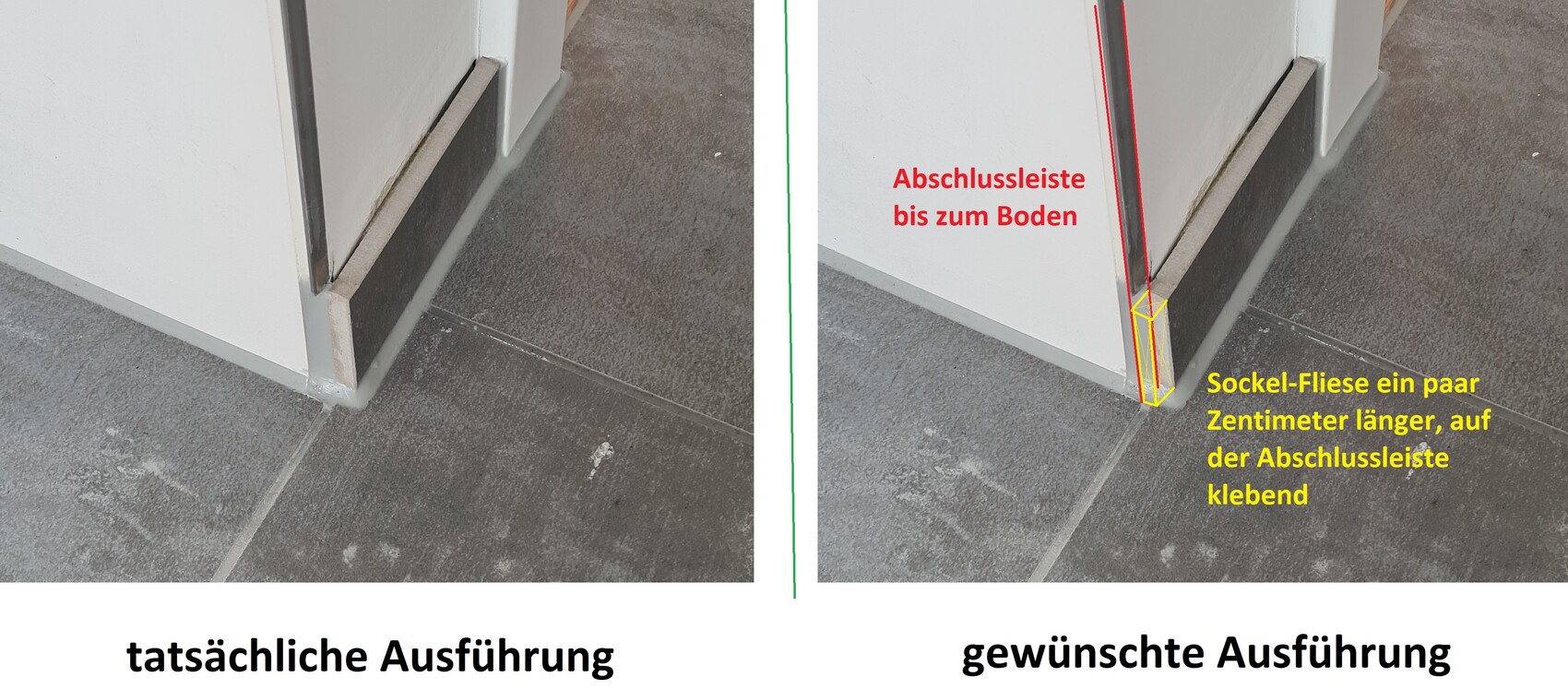 Vorher-nachher: Bodenabschluss an Tür; linke Seite unpassend, rechte Seite korrigiert.