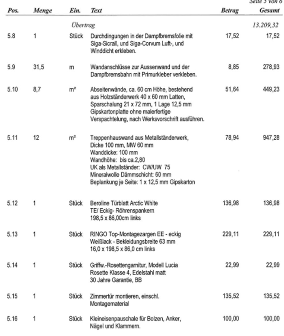 Tabelle einer Materialbestellung mit Positionen, Mengen, Maßen und Preisen.