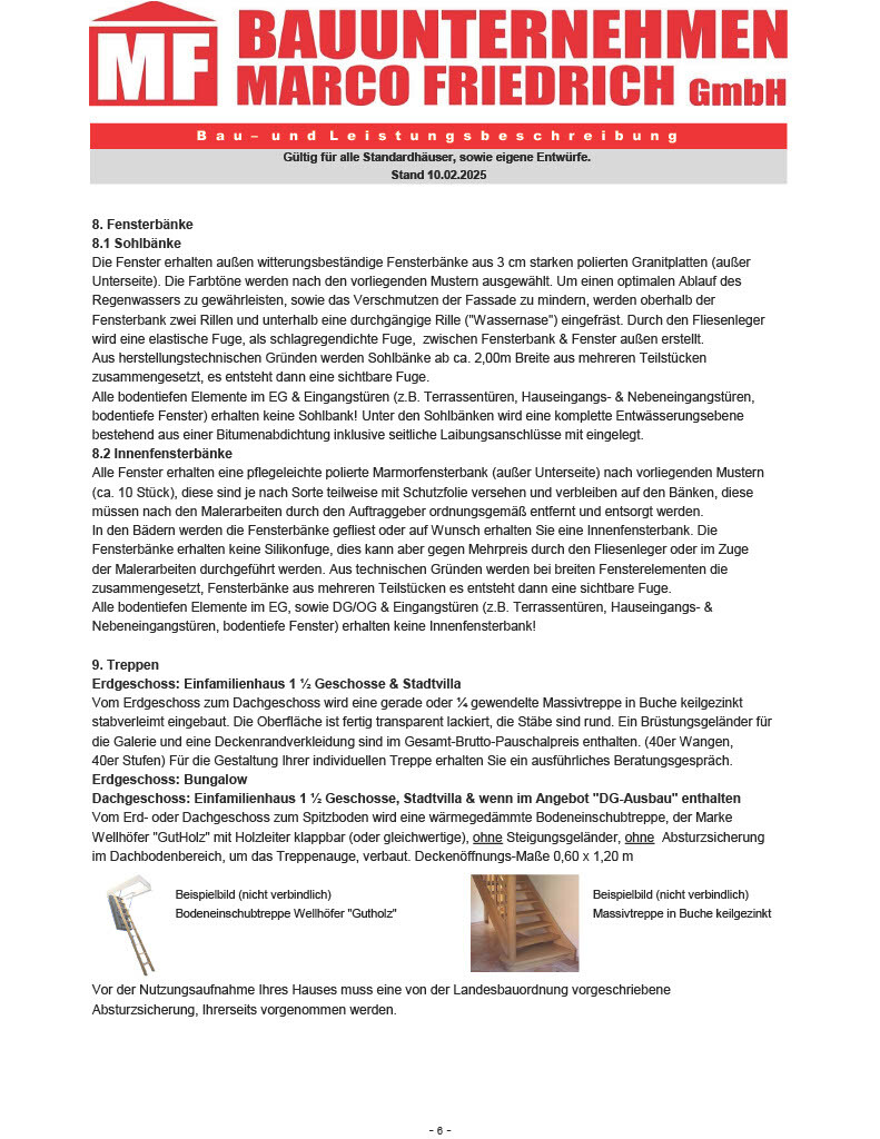 Dokumentenseite zum Innenausbau mit Text über Fensterbänke und Treppen im Bauprojekt.