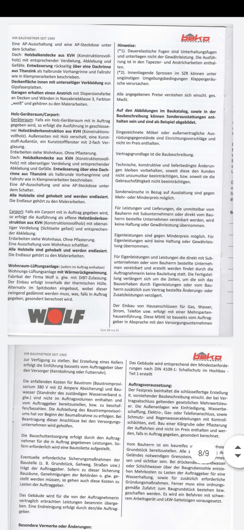 Zweiseitiger Baukatalog mit Textblöcken, WOLF-Logo unten links und Beko-Logo oben rechts.