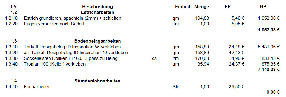 Kostenvoranschlag-Tabelle mit Estrich- und Bodenbelagsarbeiten und Preisen