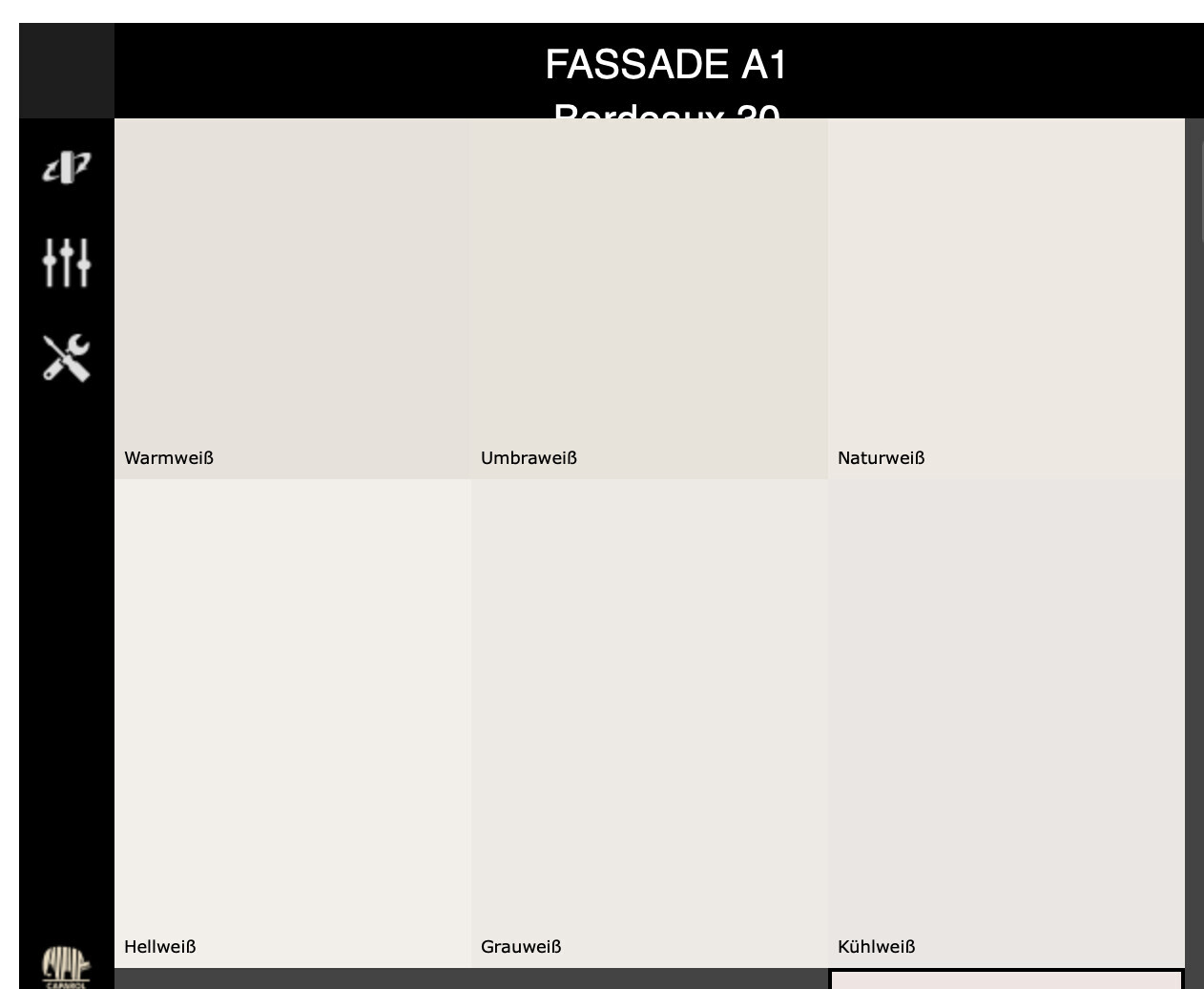 Screenshot einer 3x3 Farbpalette mit Weißtönen von Warmweiß bis Kühlweiß