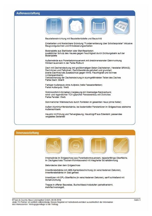 Außen- und Innenausstattung eines Hauses mit Icons und Textliste.