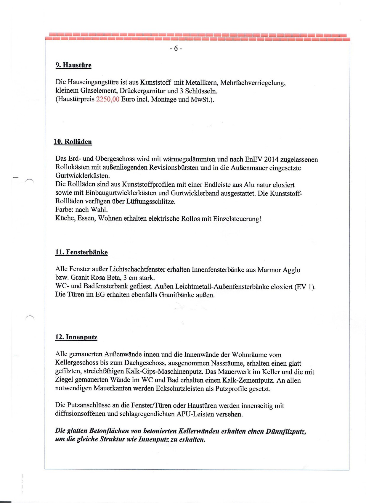 Dokumentenseite mit Abschnitten zu Haustüren, Rollläden, Fensterbänken und Innenputz im Bauwesen