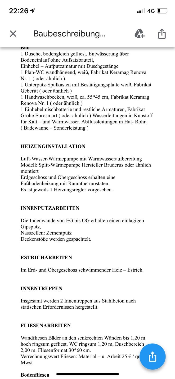 Seiten eines Bauleistungsplans mit Bad, Heizung, Innenputz, Estrich- und Fliesenarbeiten.