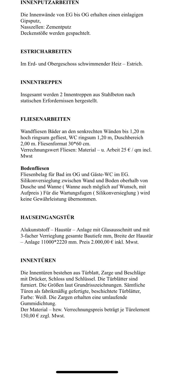 Dokument mit Bauleistungen: Innenputz, Estrich, Fliesen, Treppen, Türen.