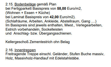 Liste von Bodenbelägen, Treppen und Innenausbau aus Bauplan im Kellerbereich