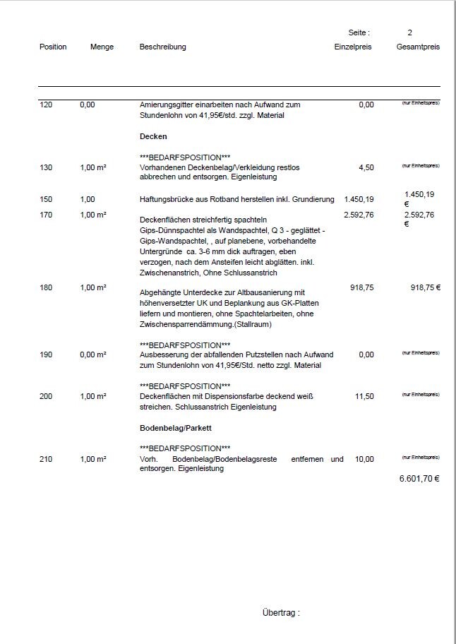 Tabellarische Bau-Preisaufstellung, Seite 2, Positionen mit Mengen und Preisen.
