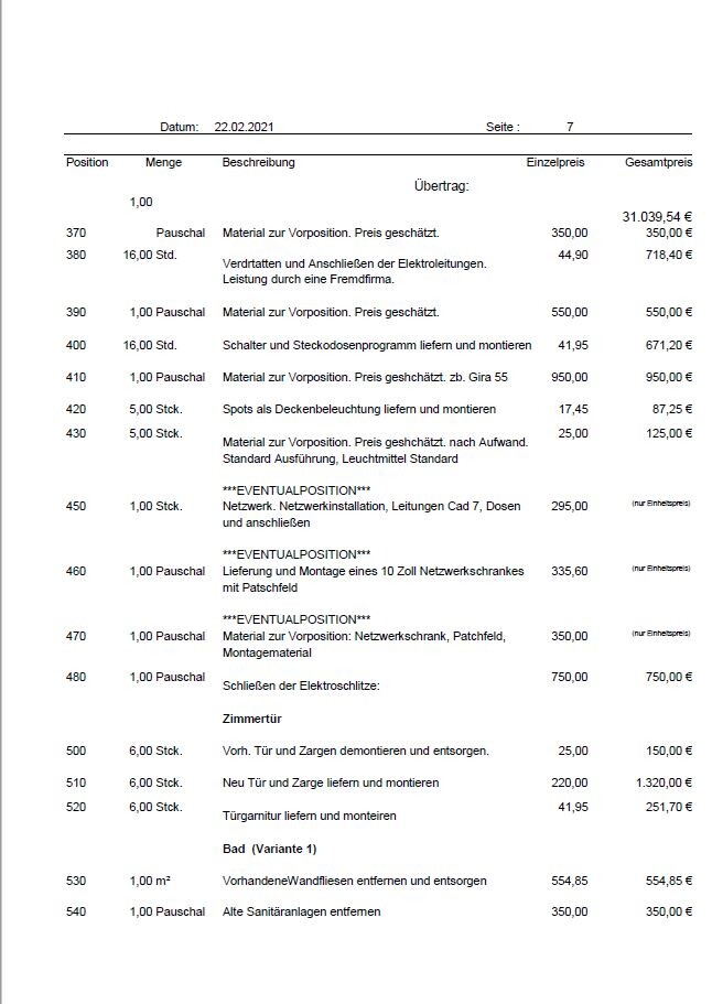 Kostenvoranschlag: Tabelle mit Positionen, Mengen, Beschreibungen und Preisen (Bauinstallationen).