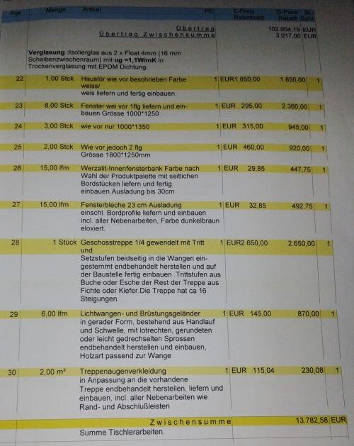 Preisaufstellung der Tischlerarbeiten im Innenausbau mit Fenster- und Treppenkosten
