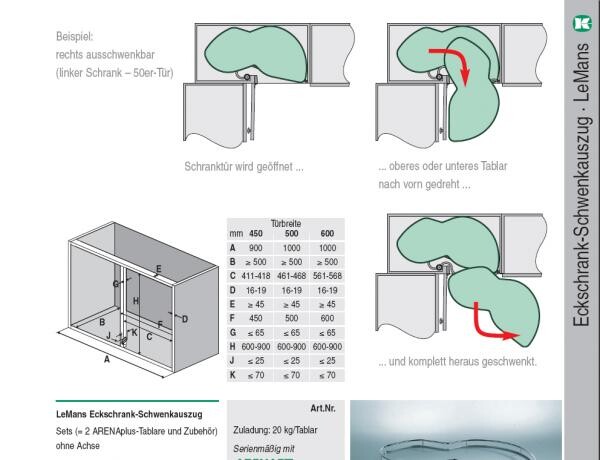 Illustration eines Le Mans Schrankauszugs in Küchenschränken mit Montageanleitung