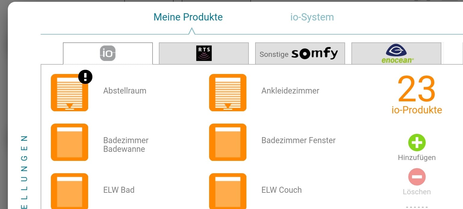 UI-Screen: Produktliste mit Abstellraum, Ankleidezimmer, Bad; 23 io-Produkte, Hinzufügen