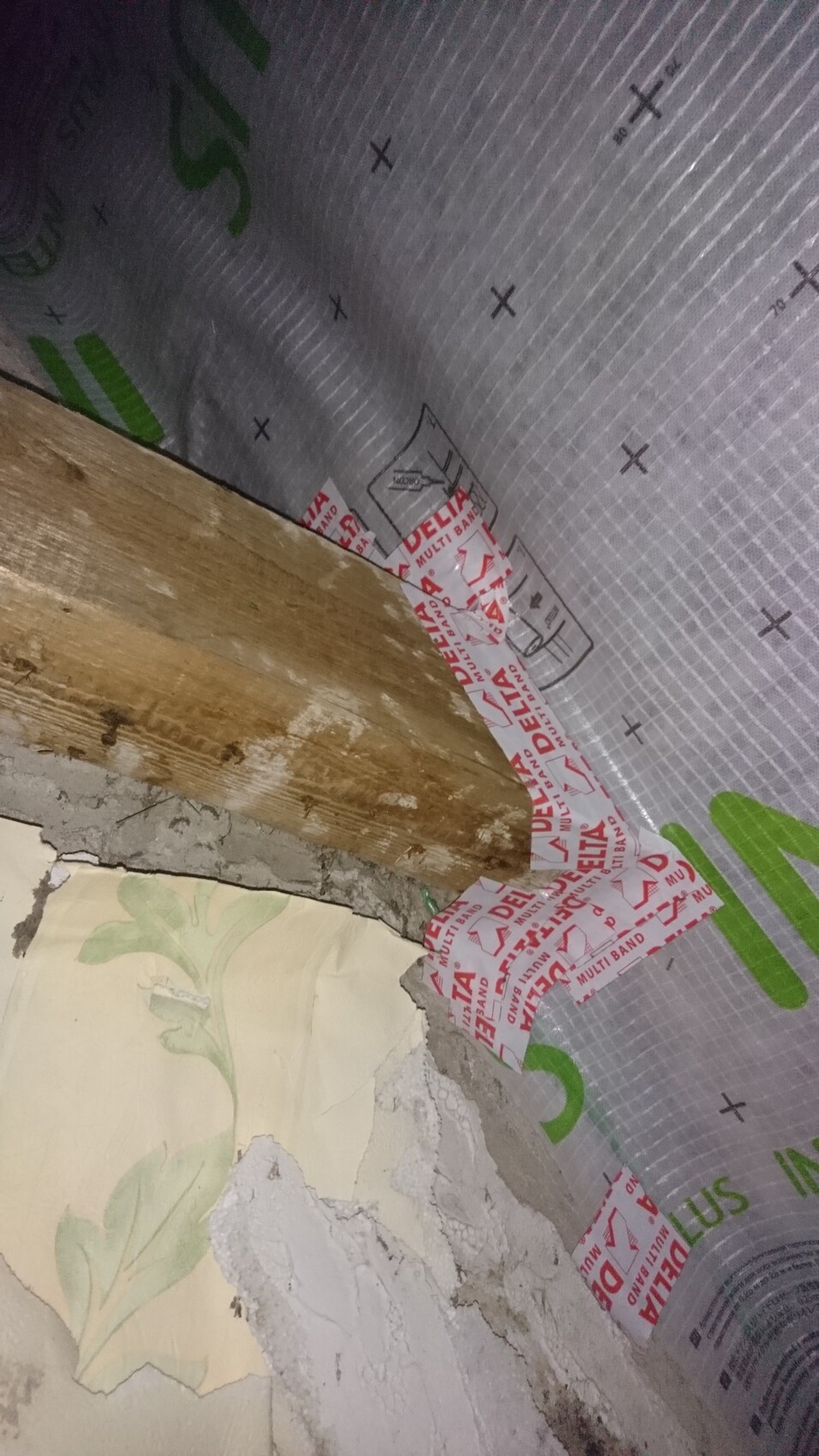Beschädigte Innenwand: Holzbalken, bröckelnder Putz, Tapetenreste mit grünem Muster.