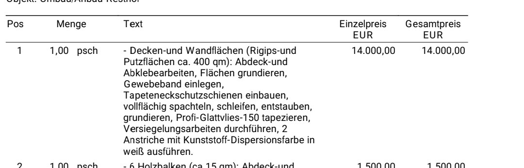 Bauangebot: Decken-/Wandflächenarbeiten, Spachteln, Grundieren, Tapezieren (ca. 400 qm)