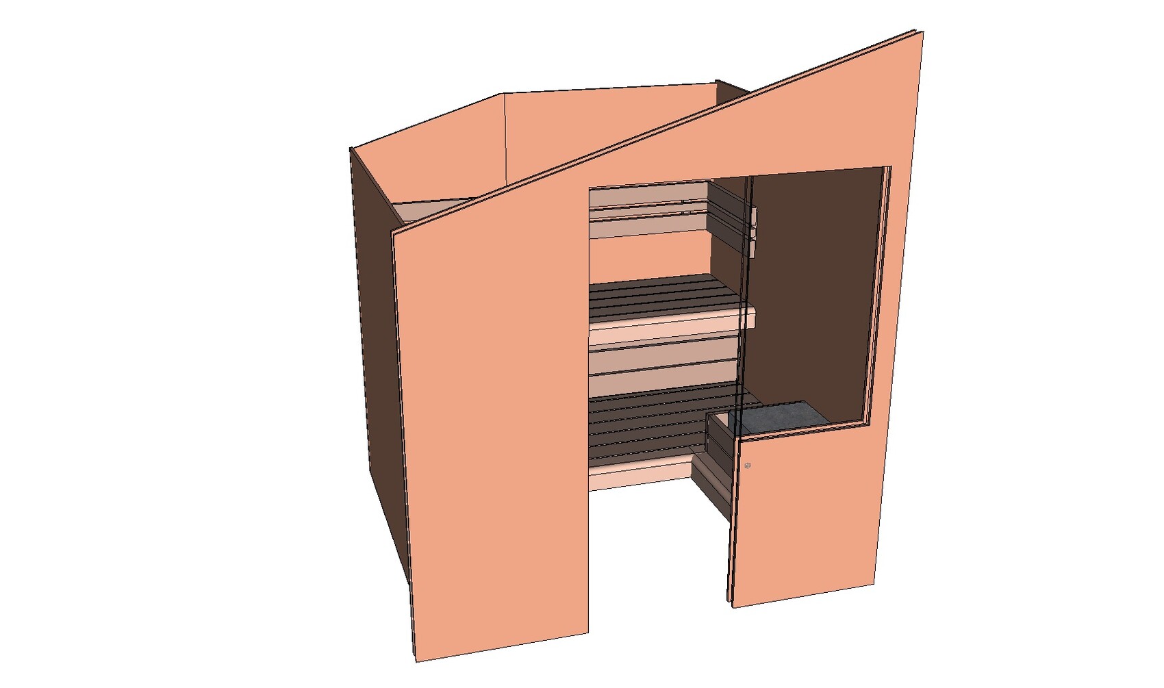 Eckschrank aus Holz mit zwei Türen, geöffnetem Innenbereich und mehreren Regalböden.