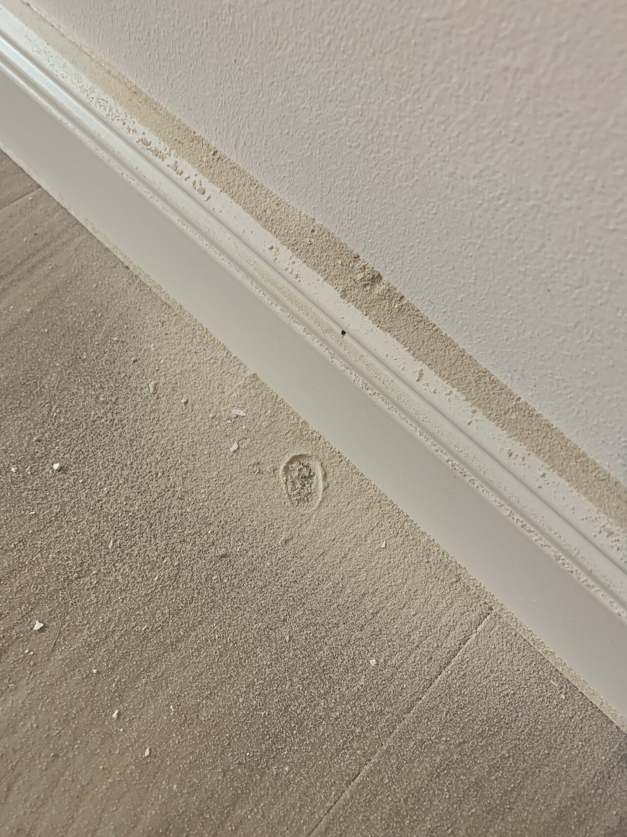 Staubige Ecke: weiße Sockelleiste, Wand und Boden mit Staubkrümeln und Schmutz.