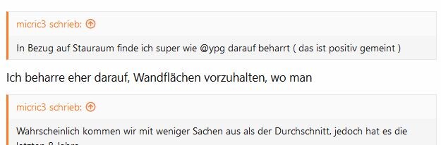 Screenshot eines Forumsthreads über Stauraum und Wandflächen, mit Nutzerzitaten.