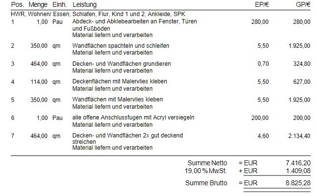 Kostenvoranschlag Innenausbau: Wand- und Deckenarbeiten, Spachteln und Streichen