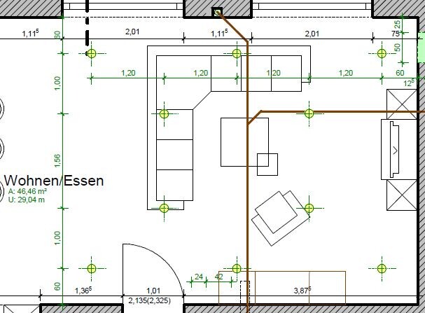 Grundrissplan eines offenen Wohn- und Essbereichs mit Küche und Möbeln