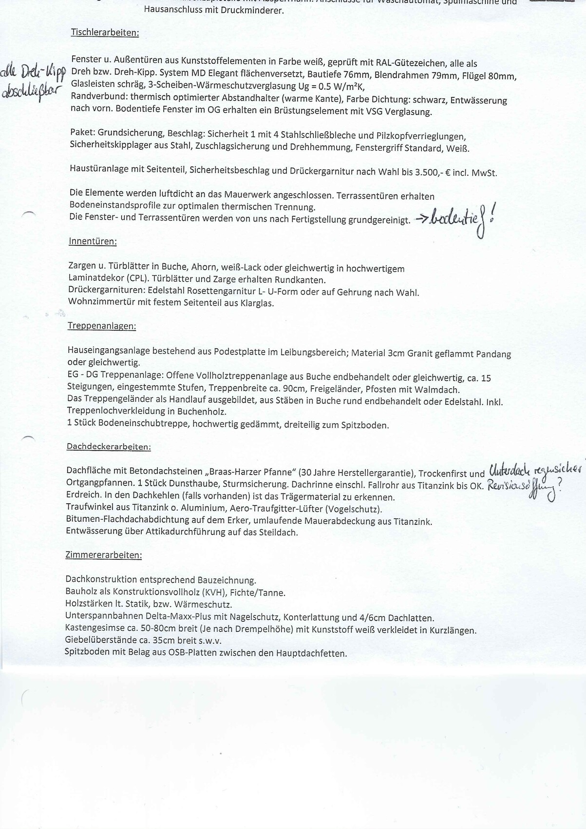 Seite eines Bauunterlagen-Dokuments mit Tischlerarbeiten, Treppen und Dachdeckerarbeiten