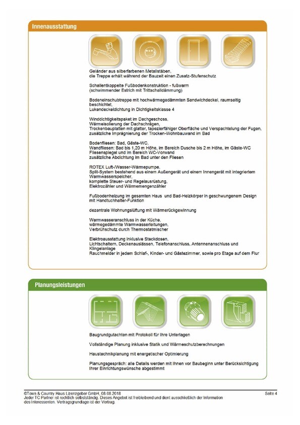 Broschüre: Innenausstattung (orange) und Planungsleistungen (grün) mit Icons.