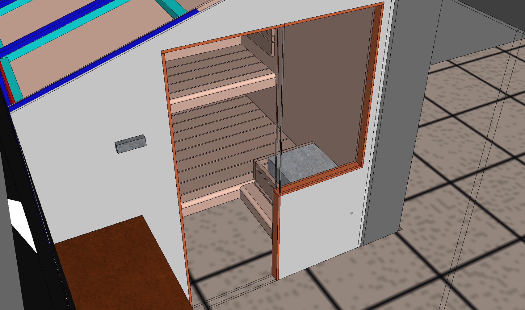 3D-Render: Innenraum mit offener Holztreppe, Türrahmen, Glasgeländer und Fliesenboden.