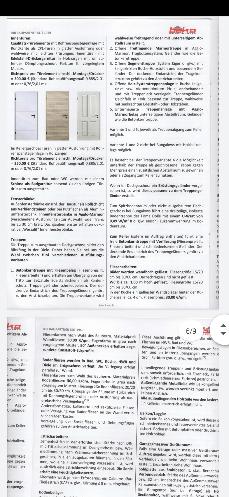 Zweiseitige Produktkatalogseite zu Innentüren und Treppen mit Texten, Abbildungen und Preisen.