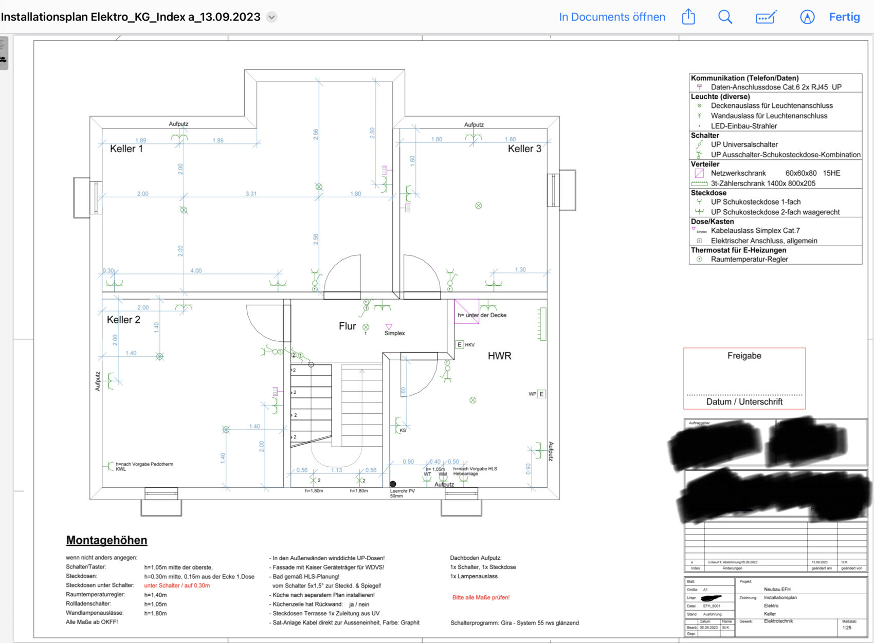 Installationsplan Elektro: Grundriss mit Keller 1-3, Flur, HWR, Steckdosen, Leuchten.