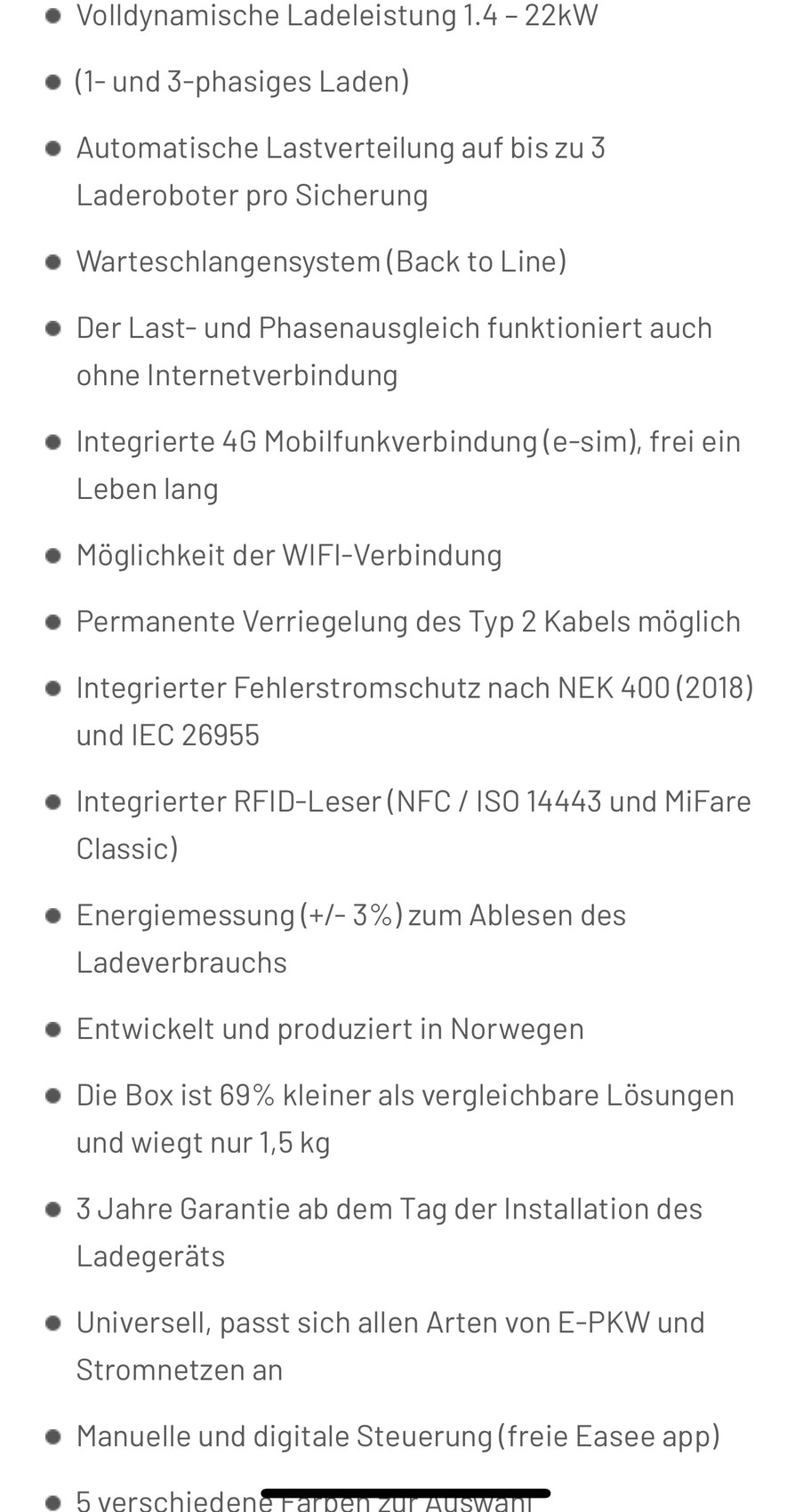 Auflistung technischer Merkmale eines Ladegeräts: Leistung, Lastverteilung, 4G, RFID/NFC, Energie.
