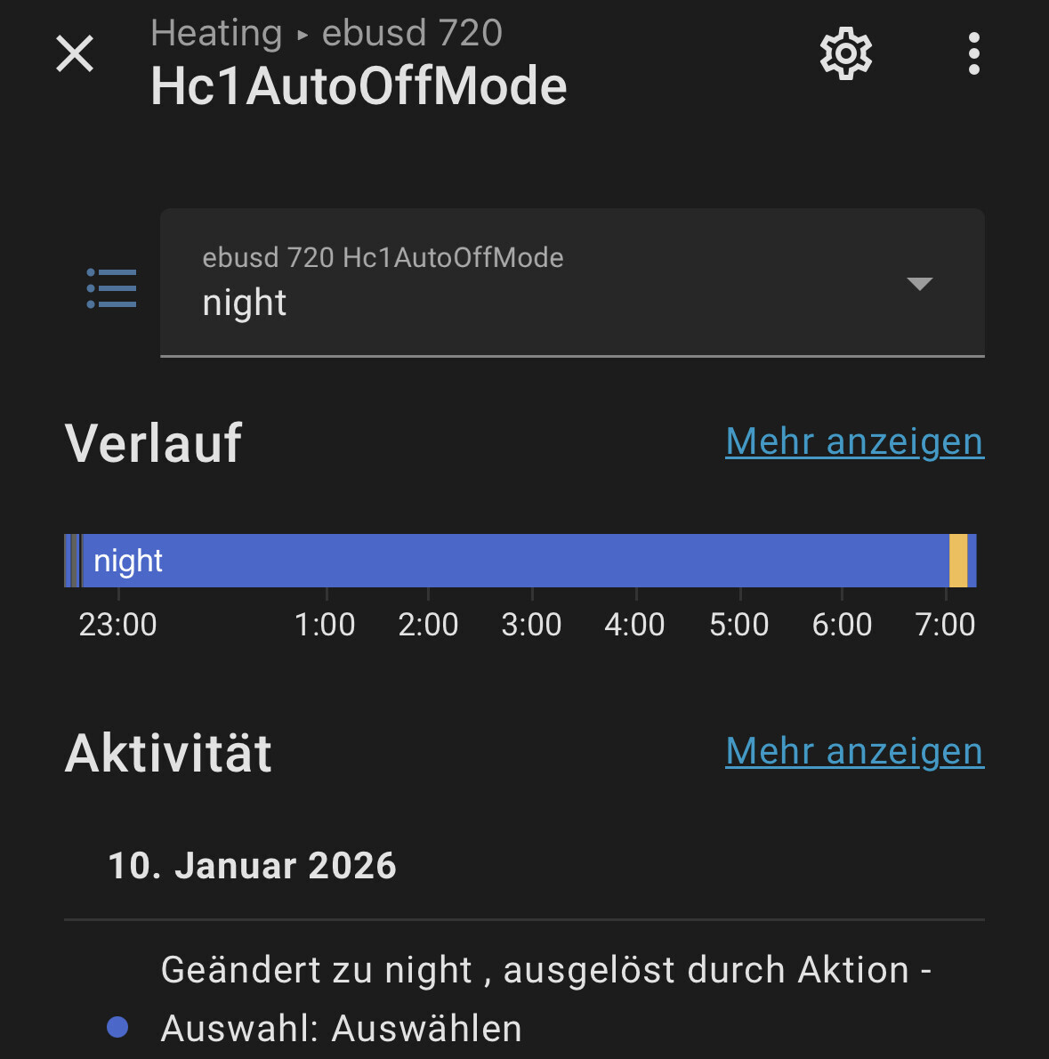 Screenshot einer Heizungssteuerungs-App im Nachtmodus mit Wochenverlauf