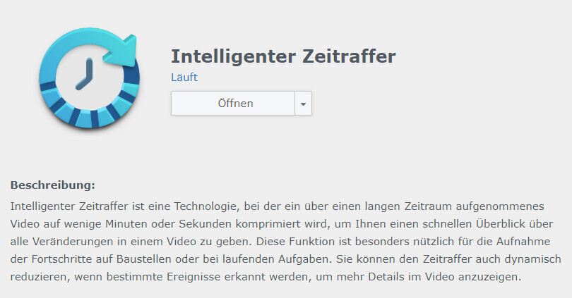 Logo des Tools Intelligenter Zeitraffer mit Uhr-Symbol und Öffnen-Button