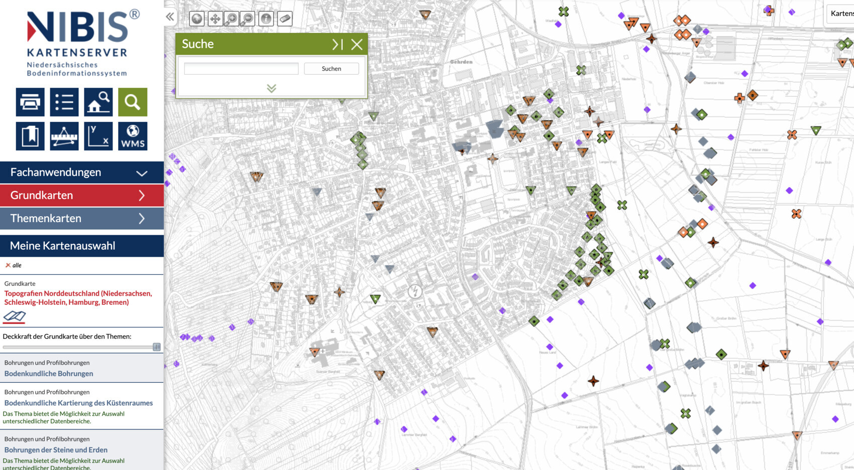 NIBIS Kartenserver: Stadtkarte mit farbigen Markern und linkem Menü.