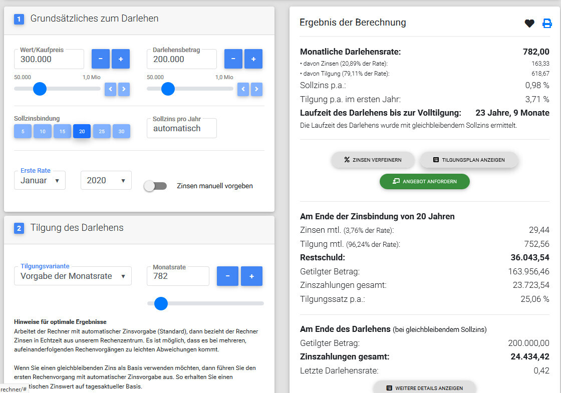 Darlehensrechner mit Eingaben zu Betrag, Laufzeit und Zinsen; Ergebnisse rechts.