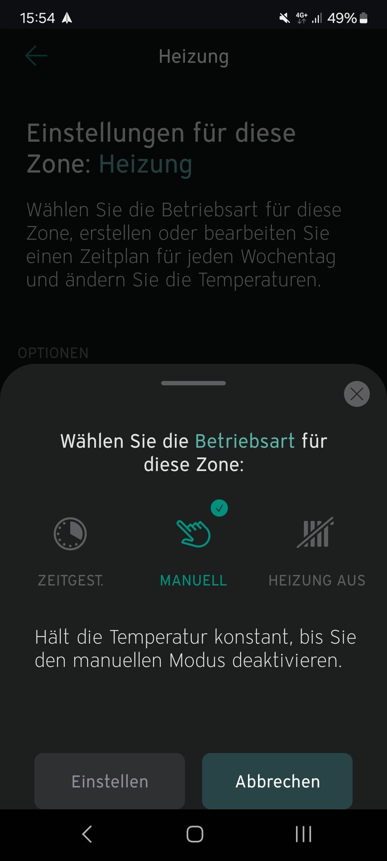 Heizungssteuerung: Manueller Modus gewählt; Zone Heizung.