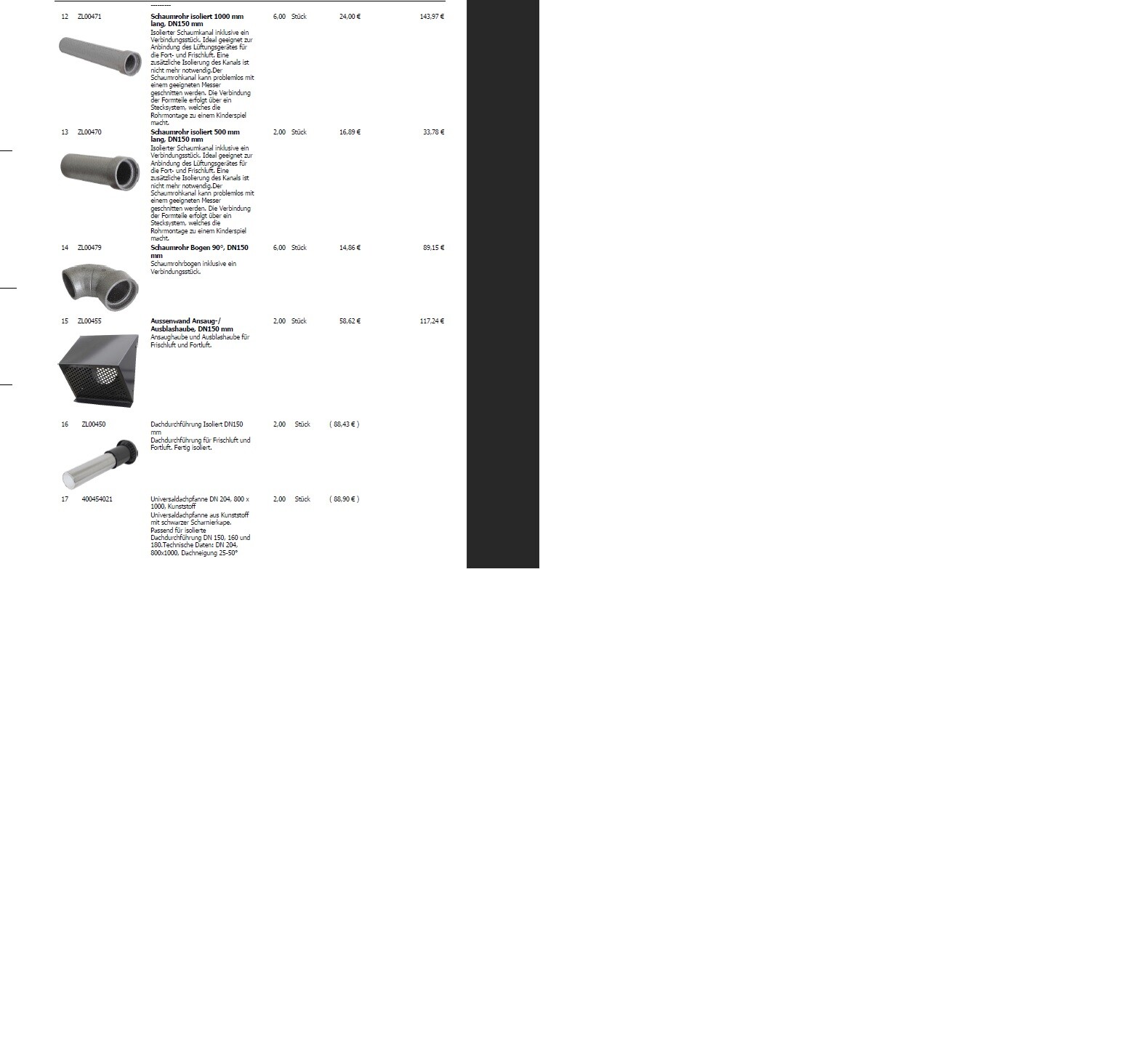 Linke Seite eines Produktkatalogs mit Bildern grauer Rohrteile, Bögen und Fittings.